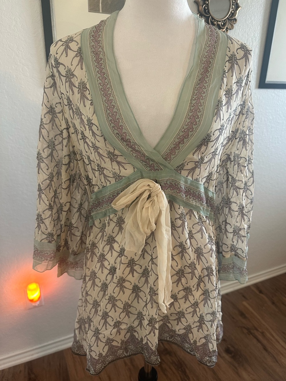 Bohemian Whimsy Sheer Flare Sleeved Top Sz M